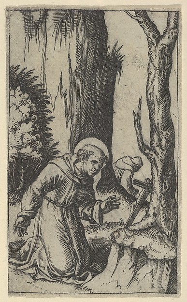 Saint Francis of Assisi praying before a crucifix, from "Piccoli Santi" (Small Saints)