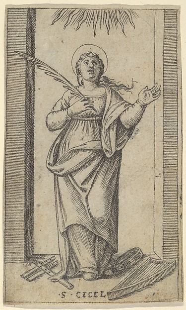 Saint Cecilia standing holding a palm of martyrdom in her right hand, from "Piccoli Santi" (Small Saints)