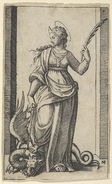 Saint Margaret standing, a dragon at the left, from "Piccoli Santi" (Small Saints)