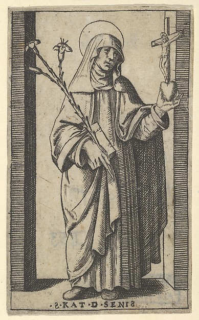 Saint Catherine of Siena standing holding flowers and book in her right hand, a heart and crucifix in her left, from "Piccoli Santi" (Small Saints) by Marcantonio Raimondi