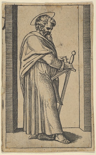 Saint Paul holding a book and a sword facing right by Marcantonio Raimondi