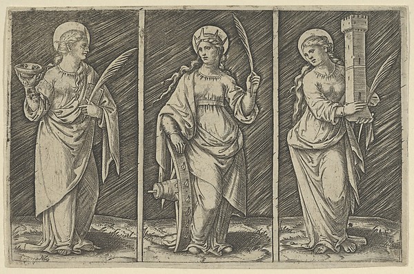 Saint Barbara (left), Saint Catherine, (center), Saint Lucy (right) by Marcantonio Raimondi