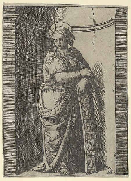 Saint Catherine standing in a niche, resting on a wheel, her instrument of torture by Marcantonio Raimondi