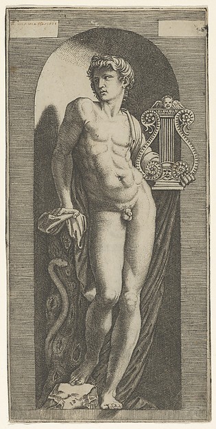 A statue of Apollo, naked standing in a niche, holding a lyre in his left hand and leaning on a tree trunk