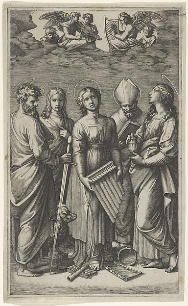 St Cecilia holding an organ, flanked by St Paul, St John the Evangelist, St Augustine and Mary Magdalen, musical angels above