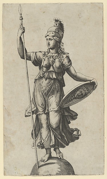 Pallas Athena standing on a globe, a spear in her left hand, a shield in her right