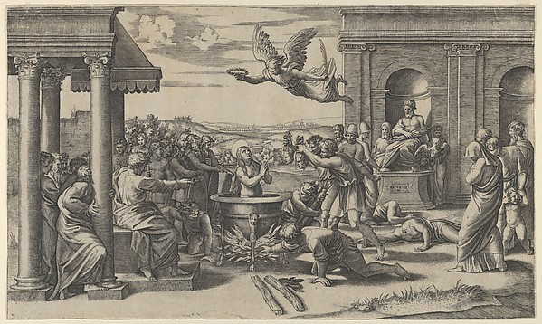 The Martydom of Saint Cecilia standing naked in a large cauldron, at left under a colonnade, sits a Roman Prefect, at right the statue of Jupiter in a niche