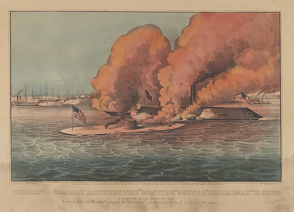 Terrific Combat Between the "Monitor" 2 Guns & "Merrimac" 11 Guns – In Hampton Roads March 9th, 1862 – In which the little "Monitor" whipped the "Merrimac" and the whole "School" of Rebel Steamers