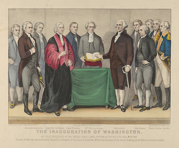 The Inauguration of Washington as First President of the United States, April 30th 1789 – At the Old City Hall, New York – The oath of office was administered by Chancellor Livingston of the States of New York – Mr. Otis the Secretary of the Senate holding up the Bible on a crimson cushion.