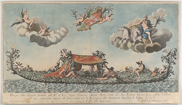 The highly ornamented second gondola of Francesco Antonio Berka entering Venice, Gods on clouds in the upper section