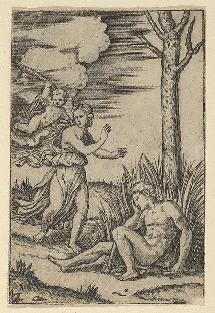 Diana followed by cupid at left, Endymion at right