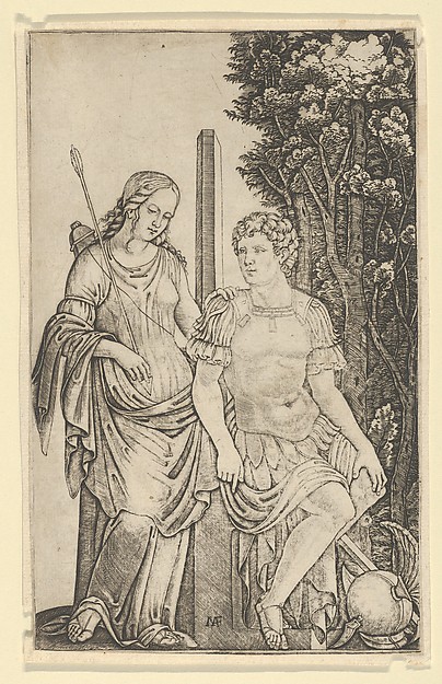 Venus standing at left resting her hand on the shoulder of Aeneas seated at right