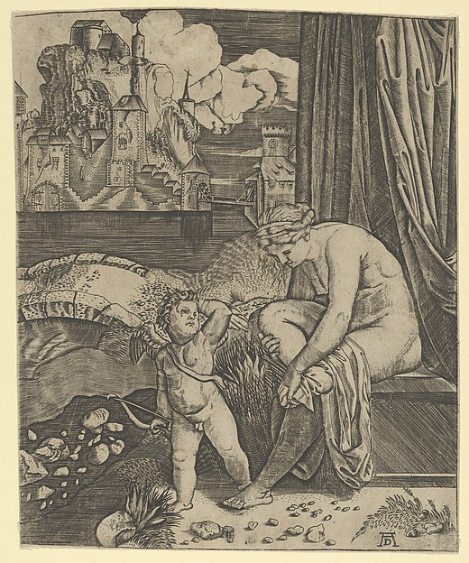 Venus naked sitting at right drying her foot with a piece of drapery, Cupid, in front of her, holding a bow in his right hand