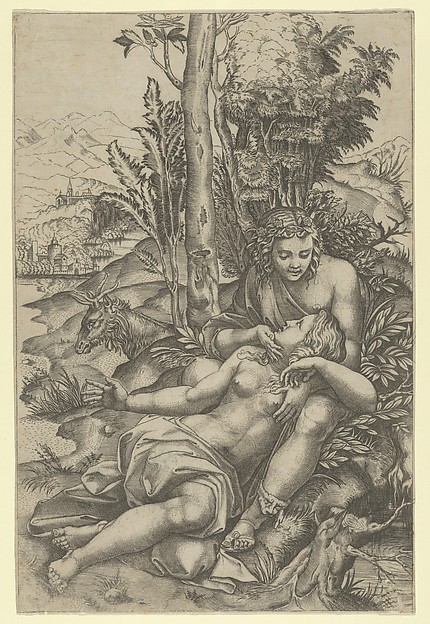 Medor and  Angelica from Lodovico Ariosto's 'Orlando Furioso' or Venus and Adonis embracing, set within a landscape
