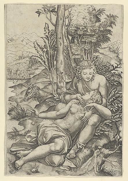 Medor and  Angelica from Lodovico Ariosto's "Orlando Furioso", or Venus and Adonis embracing, set within a landscape