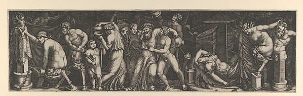 A Bacchanal, Silenus supported by two bacchants in the centre, at right a female satyr reclining on a bed and another pulling the horns on a statue of Priapus, various other figures fill the composition