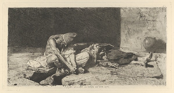 An Arabic man keeping watch over the dead body of his friend