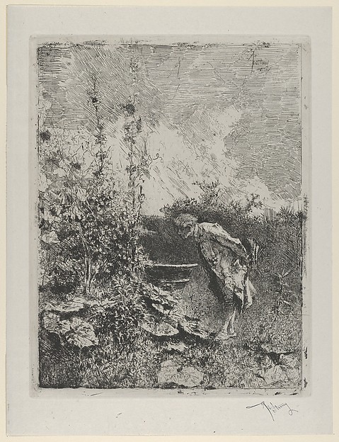 The botanist:  a man in a garden examining its contents