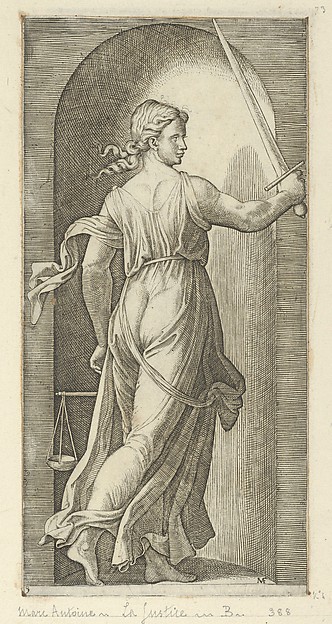 Justice personified by a young woman holding a sword in her raised right hand, scales in her left, from 'The Virtues'