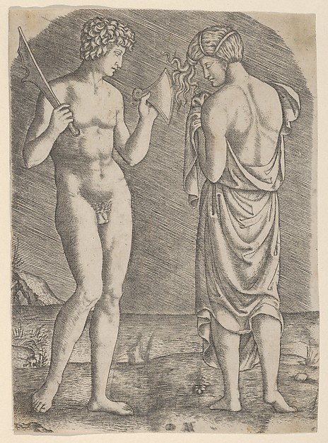 A naked man at left showing an axe to a woman at right