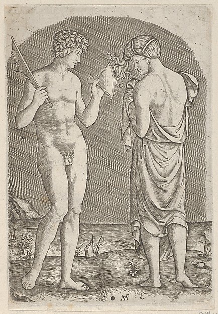 A naked man at left showing an axe to a woman at right