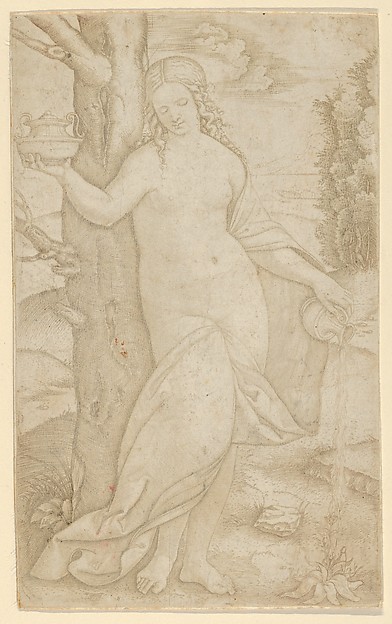 A woman watering a plant, a pot in her raised right hand