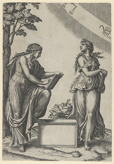 Two women of the zodiac standing beneath the signs of Libra and Scorpio