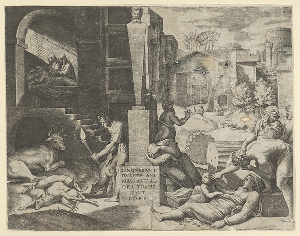 A plague scene at right, a man at left holding a torch illuminating part of the scene, ill people at the right