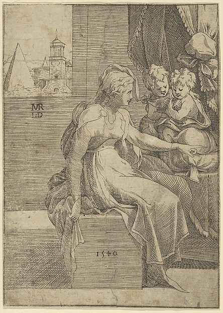 Seated woman with two children (Virgin with Christ and St John the Baptist?) by Léon Davent