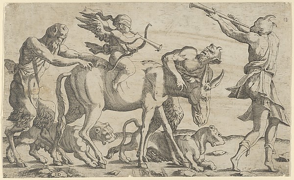 Cupid being led blindfolded on a donkey