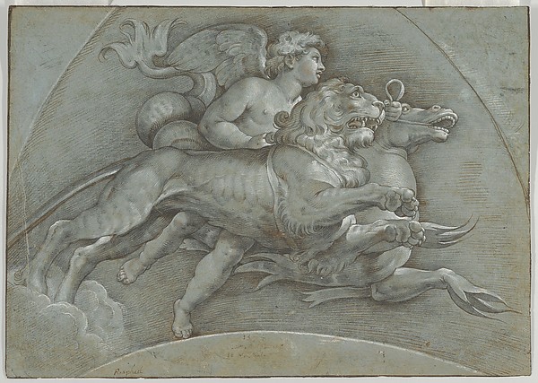 A Winged Putto Riding a Sea Horse and a Lion (after Raphael); verso; The Three Graces (after Raphael)