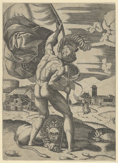Naked man wearing an elaborate helmet viewed from behind holding a banner, a lion seated on the ground