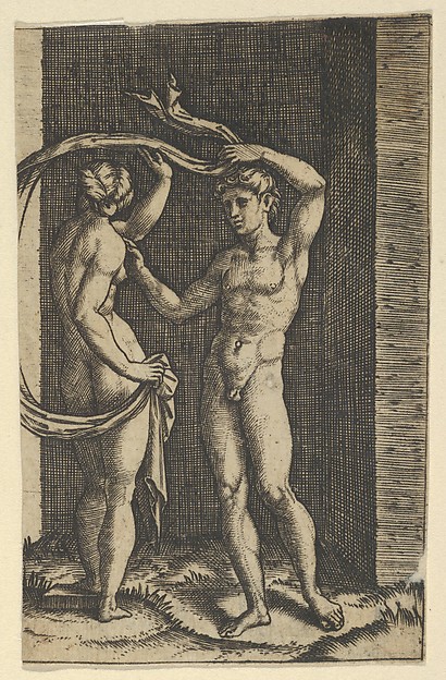 Nude woman viewed from behind holding fabric which blows behind her, looking at male nude standing in contrapposto in front of her.