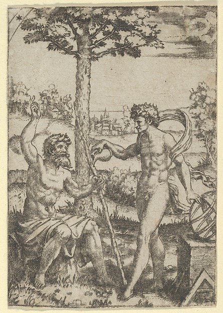 Seated old shepard gesturing towards the sky and speaking to nude male surrounded by tools of measurement