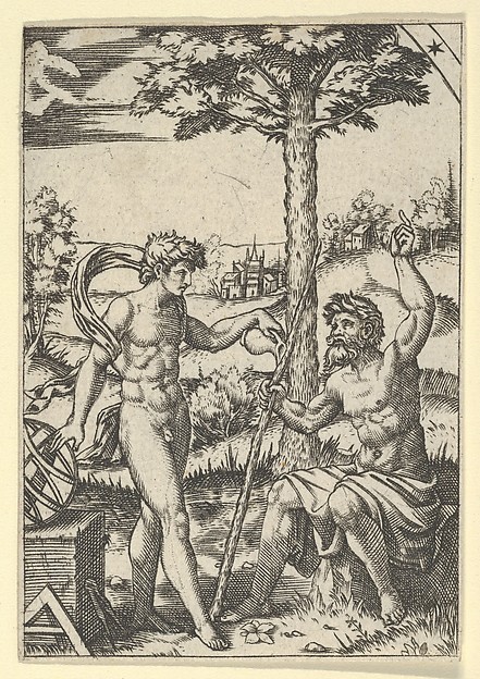 Seated old shepard gesturing towards the sky and speaking to nude male surrounded by tools of measurement