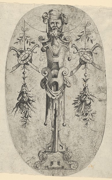 Male Terminal Figure; Head with Beard and Turban on a Three-Quarter Strapwork Pedestal