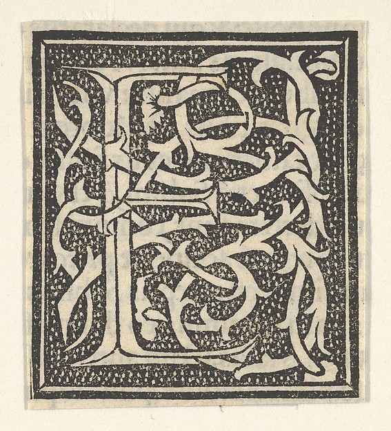 Initial letter E on patterned background