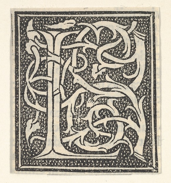 Initial letter L on patterned background