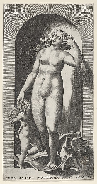 Plate 10: Venus in a niche, standing on a conch shell, with Cupid to her right, from "Mythological Gods and Goddesses"