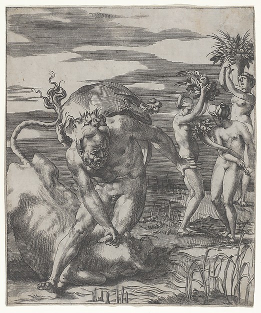 Hercules defeating the river god Acheolus in the form of a bull, with three women to his left holding cornucopias, from "Herculean Subjects"