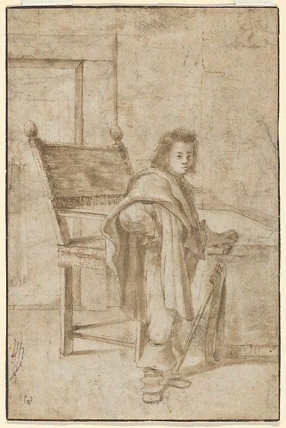 Boy Holding a Sword, Standing near a Table in an Interior (recto); Various Sketches of Figures and Ornamental Forms (verso)