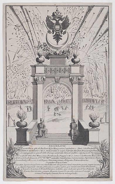 Fireworks and triumphal arch erected in Buda to celebrate the expulsion of the Turks, September 1686