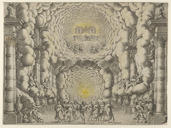 Design for a theater set created by Giacomo Torelli da Fano for the ballet 'Les Noces de Thétis', from 'Décorations et machines aprestées aux nopces de Tétis, Ballet Royal'