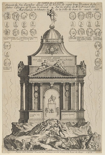 Fireworks celebrating the erection of the Temple of Glory and equestrian statue of Louis le Grand, Paris 1699