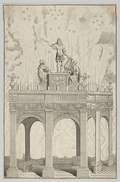 Triumphal arch with sculpture of Louis XIV as Apollo and fireworks in the background