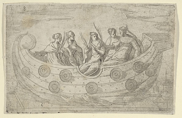 Five women in a boat, holding palm leaves