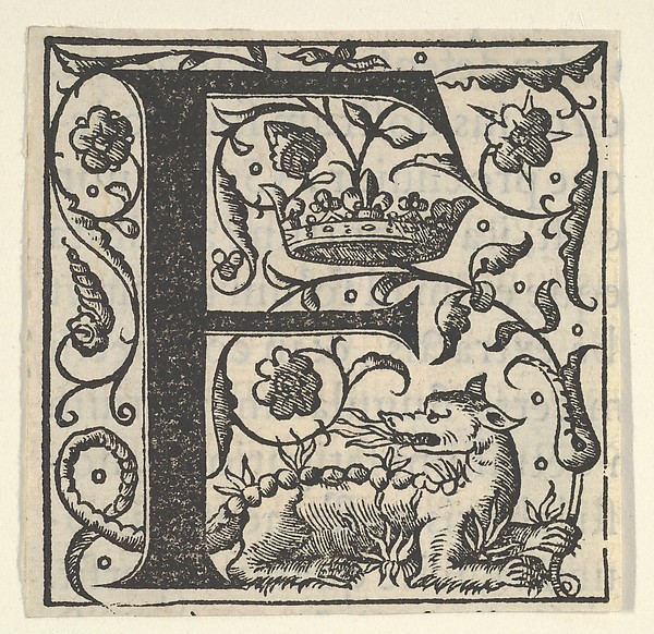 Initial letter F with salamander and crown (related to King Francis I)