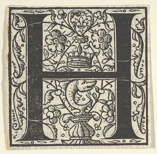 Initial letter H with dolphin and crown (related to King Francis I)