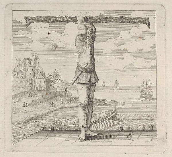 The letter T standing on a pier holding a tree trunk