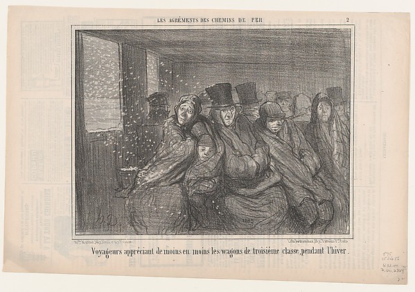 Voyageurs appréciant de moins en moins les..., from Les Agréments des Chemins de Fer, published in Le Charivari, December 25, 1856